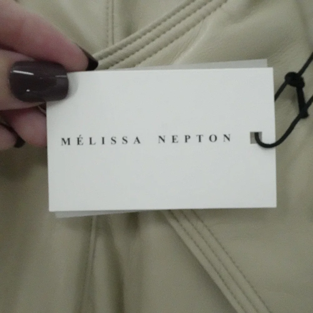 Melissa Nepton Clover Jacket Womens M Khaki Beige Faux‎ Leather Puff Sleeve Moto